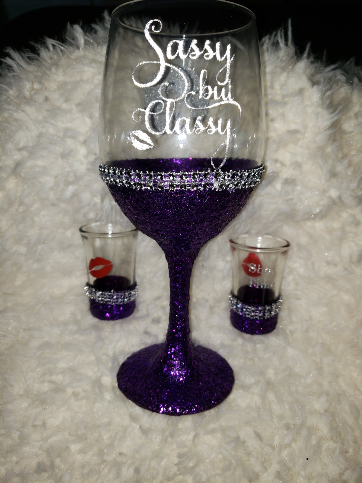 20 oz. Personalized Glitter Wine "Sassy but Classy" with shot glasses